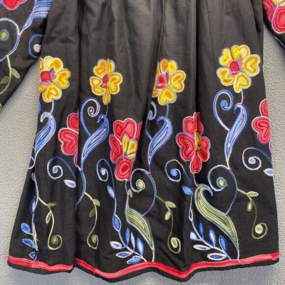 FERATILLI Black Floral Embroidered Off Shoulder Peasant Tunic Cotton Blouse Sz S - Picture 9 of 11
